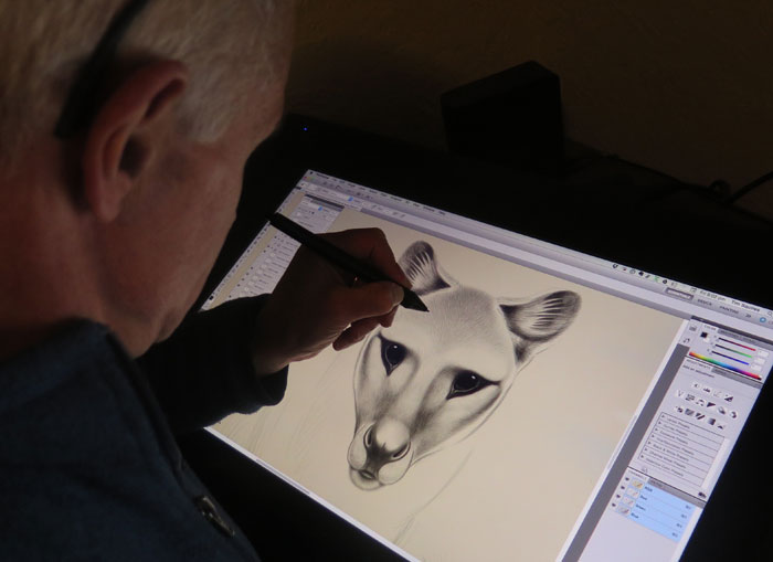 Tim Squires creating digital artwork of a thylacine using a Wacom Cintiq 22HD