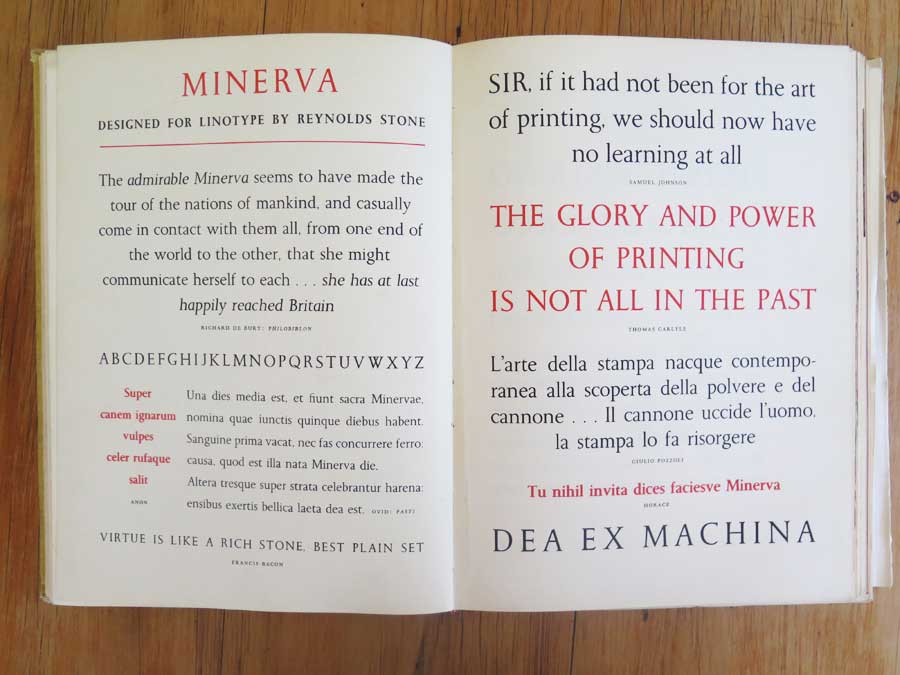 Samples of the typeface Minerva from the 1956 Golden Jubilee edition of the Penrose Annual.