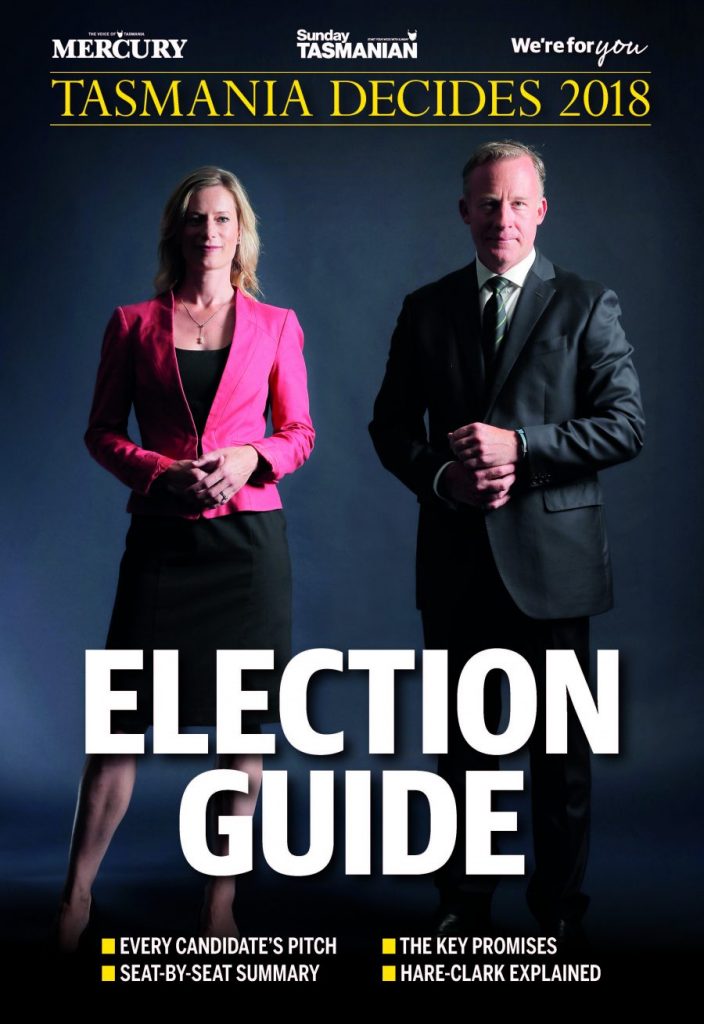 Design for the Mercury's 2018 Tasmanian State Election Guide cover.