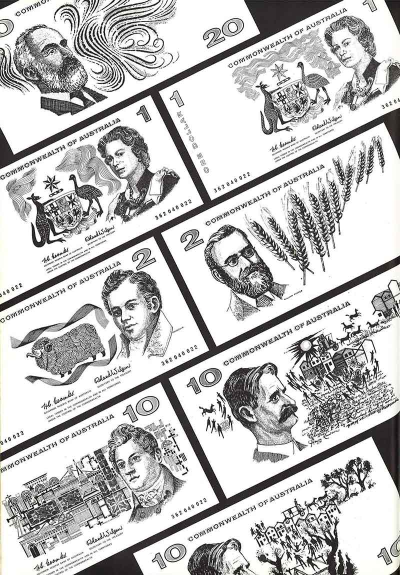 Australian decimal currency banknote design concepts by Gordon Andrews.